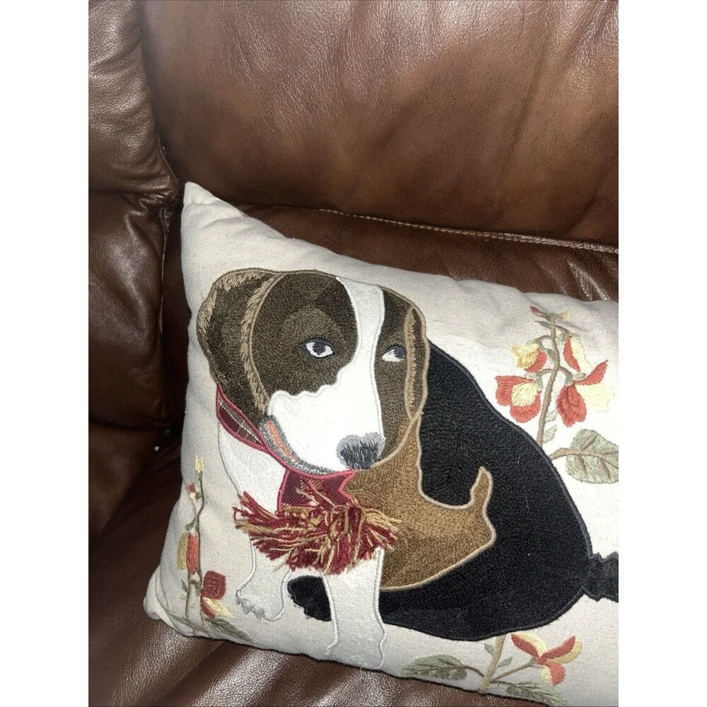 Pier 1 Imports Decorative Rectangular Throw Pillow Embroidered Beagles Fall